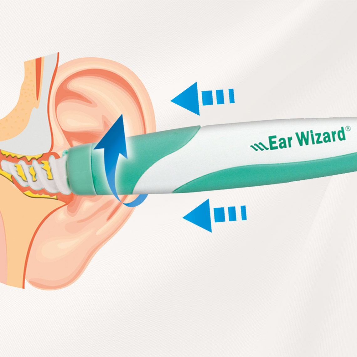 Ear Wizard in Aktion – sanfte Rotation entfernt Ohrenschmalz sicher und ohne Druck auf das Trommelfell.