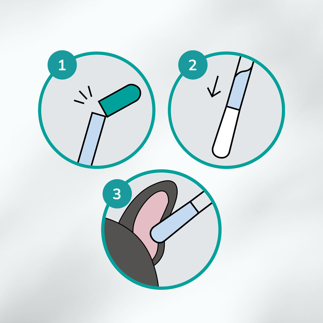 Drei Schritte zur Anwendung von CLICswab: 1. Grünes Ende knicken, 2. Pflegelösung fließt in die Wattespitze, 3. Sanfte Reinigung am Tierohr.