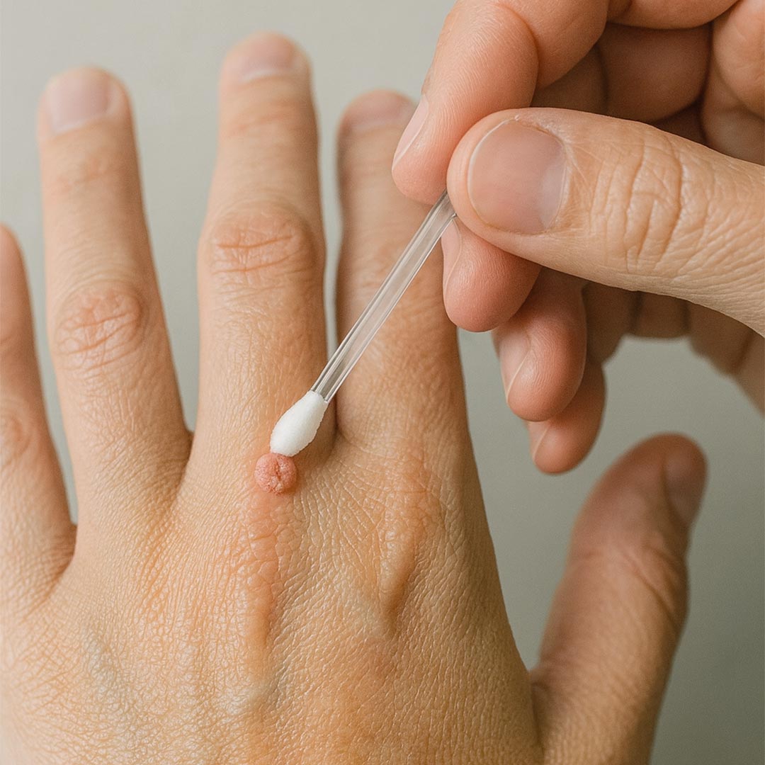 Ein CLICswab Knick-Wattestäbchen trägt das Warzenmittel gezielt auf eine Warze am Finger auf.