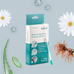 Packung CLICswab Ohren- und Augenpflege für Hunde und Katzen mit Knick-Wattestäbchen, mit Inhaltsstoffen wie Aloe Vera, Kamillenblüten, Hamamelis und Wassertropfen.