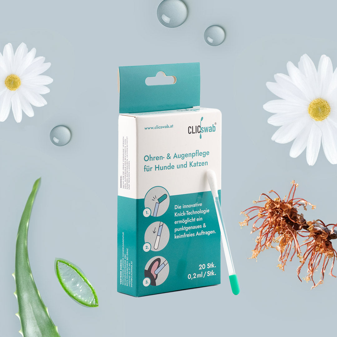 Packung CLICswab Ohren- und Augenpflege für Hunde und Katzen mit Knick-Wattestäbchen, mit Inhaltsstoffen wie Aloe Vera, Kamillenblüten, Hamamelis und Wassertropfen.