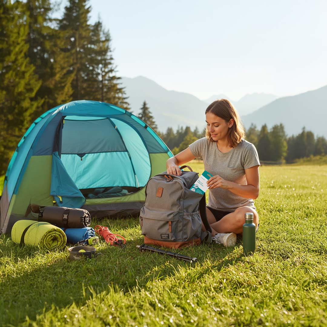 Eine Frau sitzt beim Camping auf einer Wiese vor ihrem Zelt und verstaut eine Packung der CLICswab Insektenstichpflege griffbereit in ihrem Rucksack.