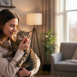 Eine Frau hält eine getigerte Katze im Arm und reinigt behutsam deren Augenbereich mit einem speziellen CLICswab Tierpflege-Wattestäbchen.