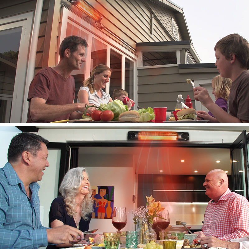 Familien und Freunde genießen Mahlzeiten im Warmen dank Livington Instant Heater auf Terrasse oder Balkon.