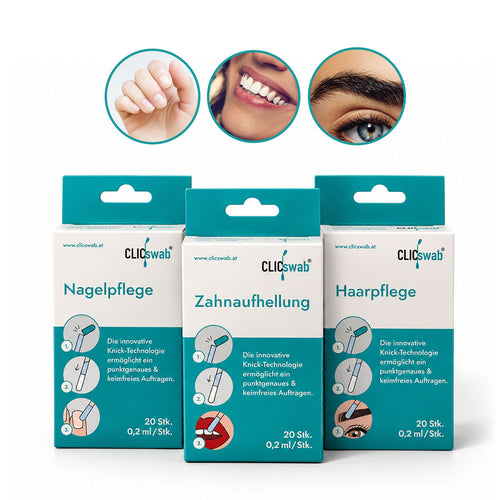 CLICswab Beauty Care Trio: Drei Packungen für Nagelpflege, Zahnaufhellung und Haarpflege mit Knick-Wattestäbchen.