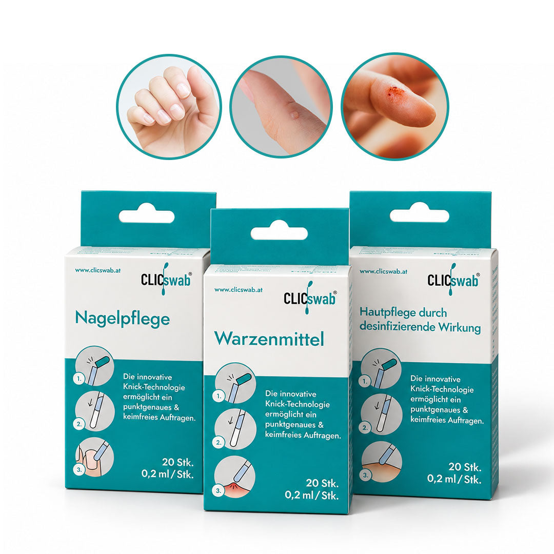 CLICswab Hand & Nagel Trio: Drei Packungen mit Knick-Wattestäbchen für Nagelpflege, Warzenmittel und desinfizierende Hautpflege.