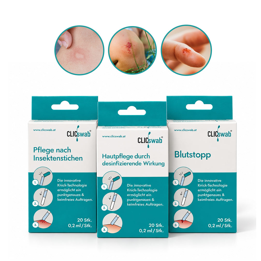 CLICswab Outdoor SOS Trio: Drei Packungen Wattestäbchen zur Pflege nach Insektenstichen, desinfizierenden Hautpflege und Blutstopp