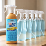 Pure100 NavyClean Allesreiniger-Konzentrat  aufgereiht neben fünf transparenten Sprühflaschen zur Darstellung der hohen Ergiebigkeit.