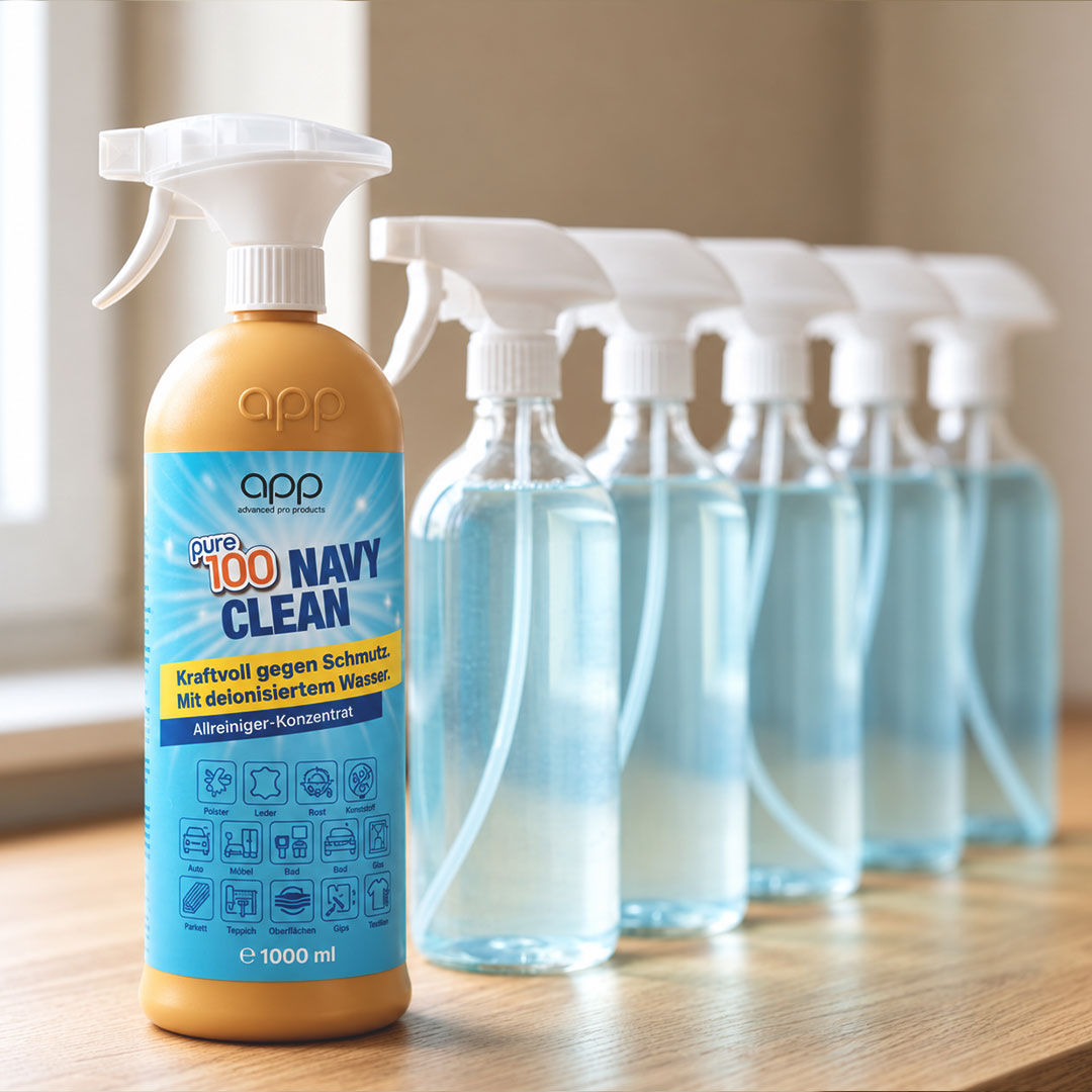 Pure100 NavyClean Allesreiniger-Konzentrat  aufgereiht neben fünf transparenten Sprühflaschen zur Darstellung der hohen Ergiebigkeit.