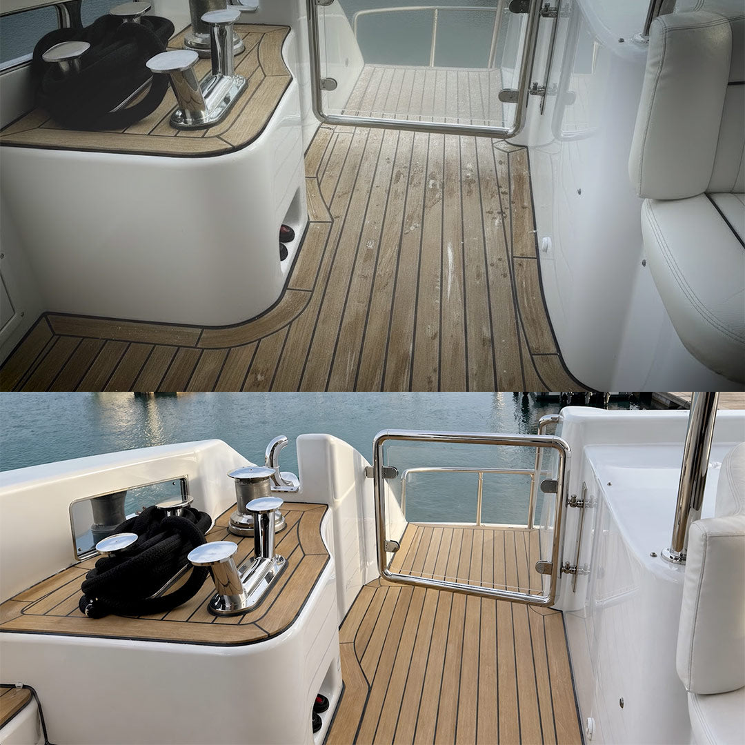Vorher-Nachher-Vergleich: Ein verschmutztes Holzdeck einer Yacht oben im Vergleich zum gründlich gereinigten, strahlend sauberen Bootsdeck unten nach der Anwendung des Pure100 NavyClean Allesreinigers.