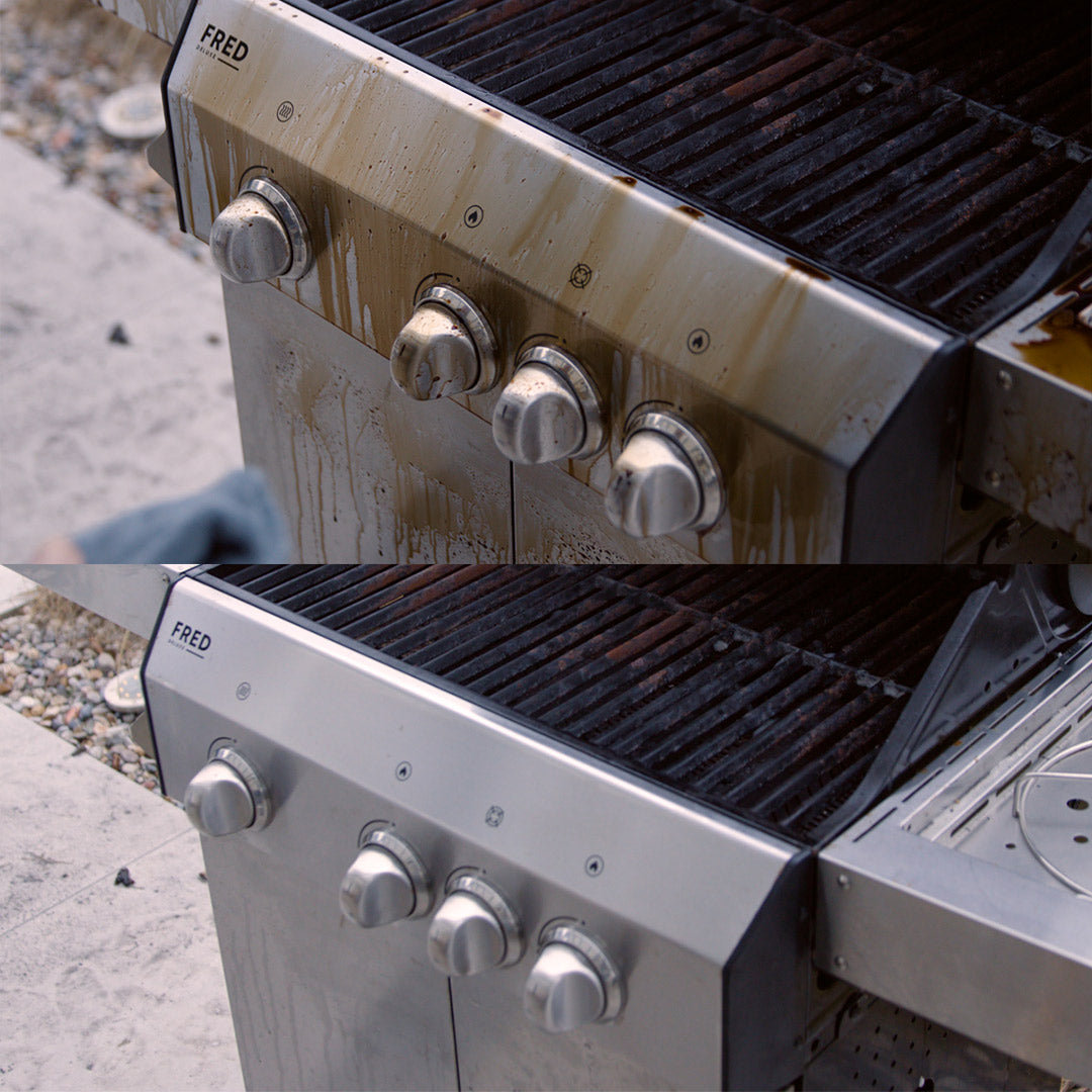 Vorher-Nachher-Vergleich: Stark mit Fett und Schmutz verkrustete Bedienblende eines Edelstahl-Gasgrills vor (oben) und nach (unten) der gründlichen Reinigung mit Pure100 NavyClean.