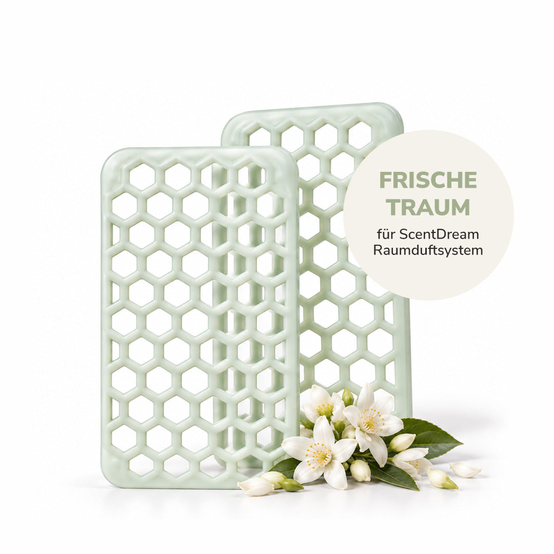 Zwei hellgrüne ScentDream Nachfüll-Pods der Duftrichtung „Frischetraum“ , dekoriert mit weißen Blüten auf weißem Hintergrund.