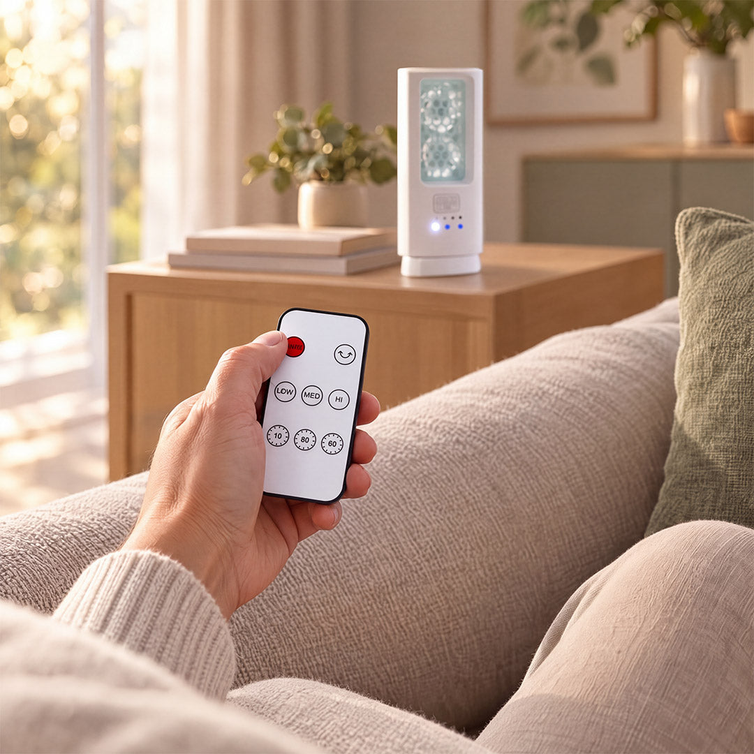 Eine Hand bedient die Fernbedienung für das ScentDream Raumduftsystem, das im Hintergrund auf einem Holztisch im Wohnzimmer steht.