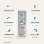 Weißes ScentDream Raumduftsystem mit Produktvorteilen: kabellos mit Akku, Fernbedienung, 180°-Oszillation, saubere Click-In-Pods ohne Flüssigkeit, 3 Stufen mit Timer und bis zu 30 Tage Duftdauer.