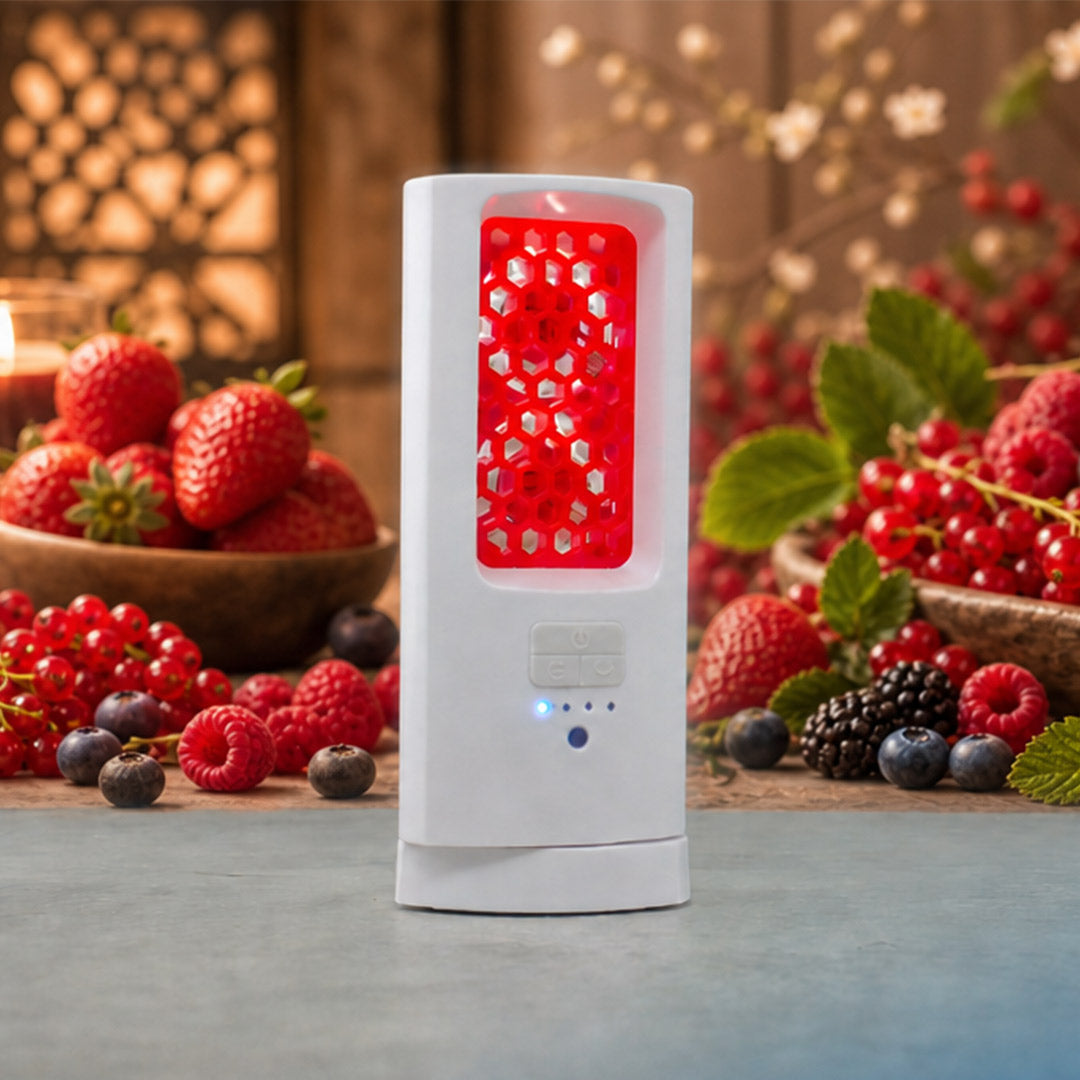  ScentDream Raumduftsystem mit eingesetztem roten Nachfüll-Pod Beerensamt idekorativ umgeben von frischen Beeren wie Erdbeeren, Himbeeren und Johannisbeeren.