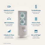 ScentDream Raumduftsystem in Weiß mit Funktionsübersicht: kabelloser Akkubetrieb, 180°-Oszillation, 3 Geschwindigkeitsstufen mit Timer, Fernbedienung und Click-In-Pods für bis zu 30 Tage Duft.
